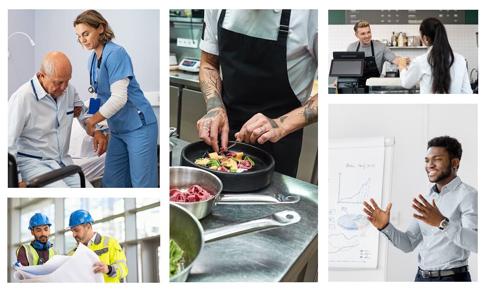 Happy Labor Day: A Tribute to Connecticut's Hardworking People. Collage of images representing different jobs.